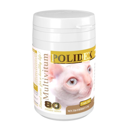 Polidex Multivitum витамины общеукрепляющие, для кошек, 1 таблетка на 4 кг веса - 80 таб