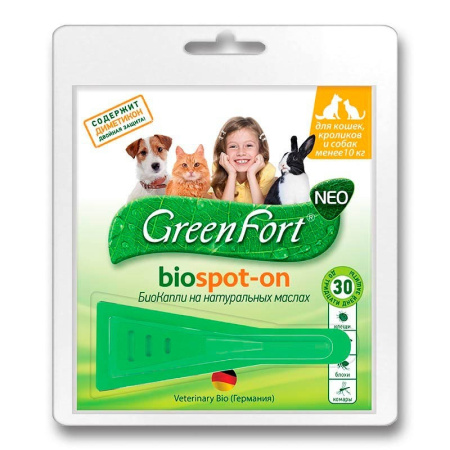GreenFort NEO Биокапли для кошек кроликов и собак до 10 кг от клещей, блох, вшей, власоедов, комаров, слепней 1 мл